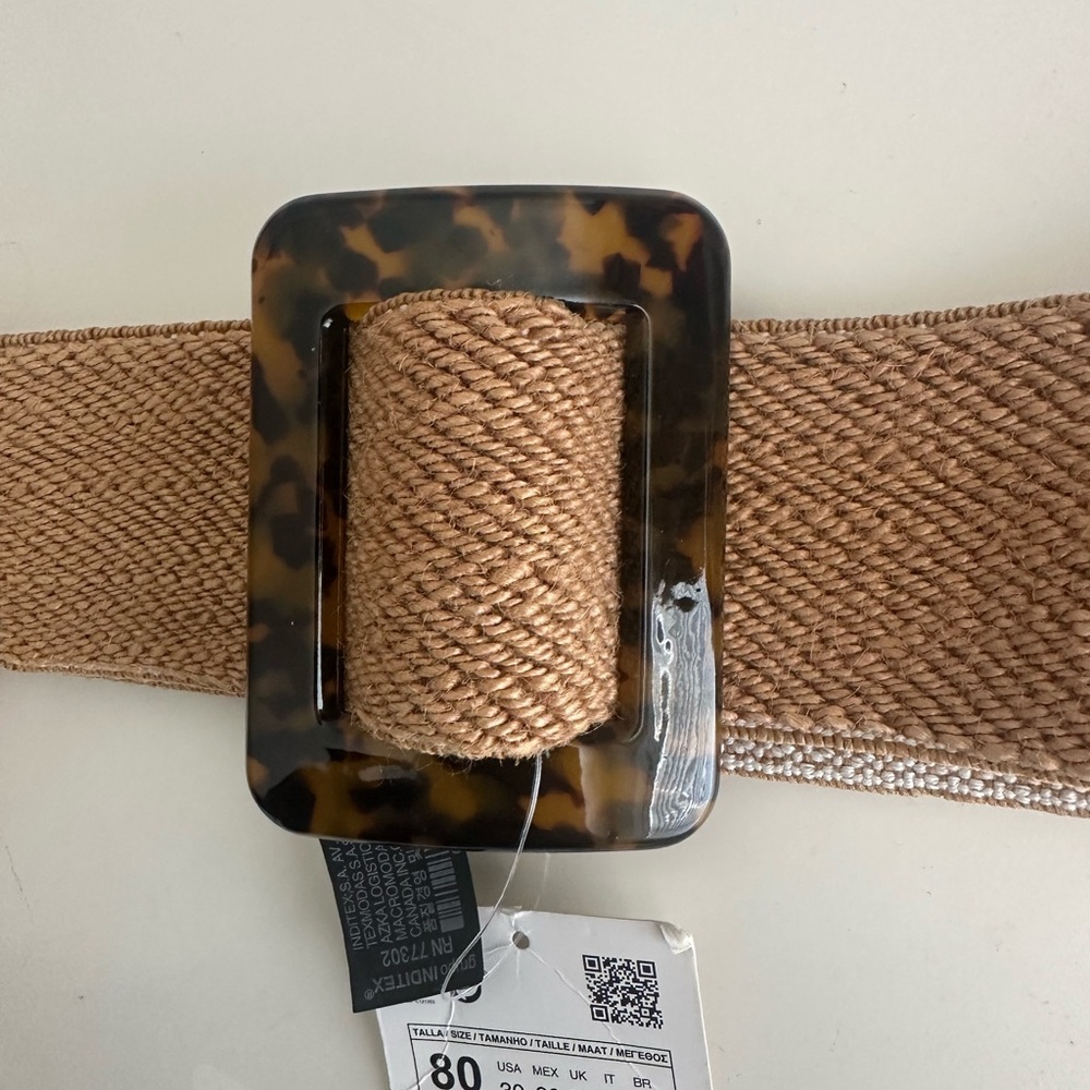 Zara Tan and Brown Woven Belt with Tortoiseshell Buckle